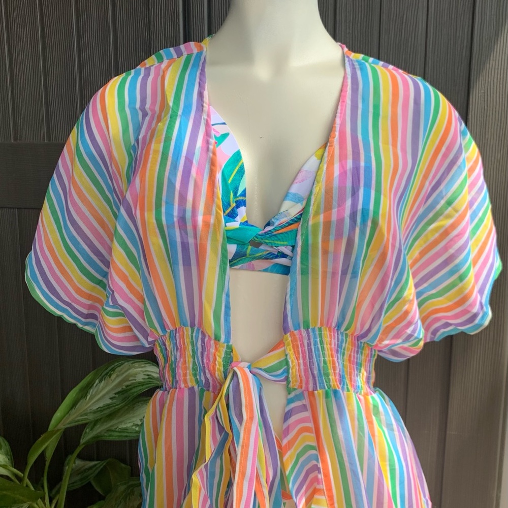 America & Beyond Rainbow Striped Dress/Coverup Size L NWT